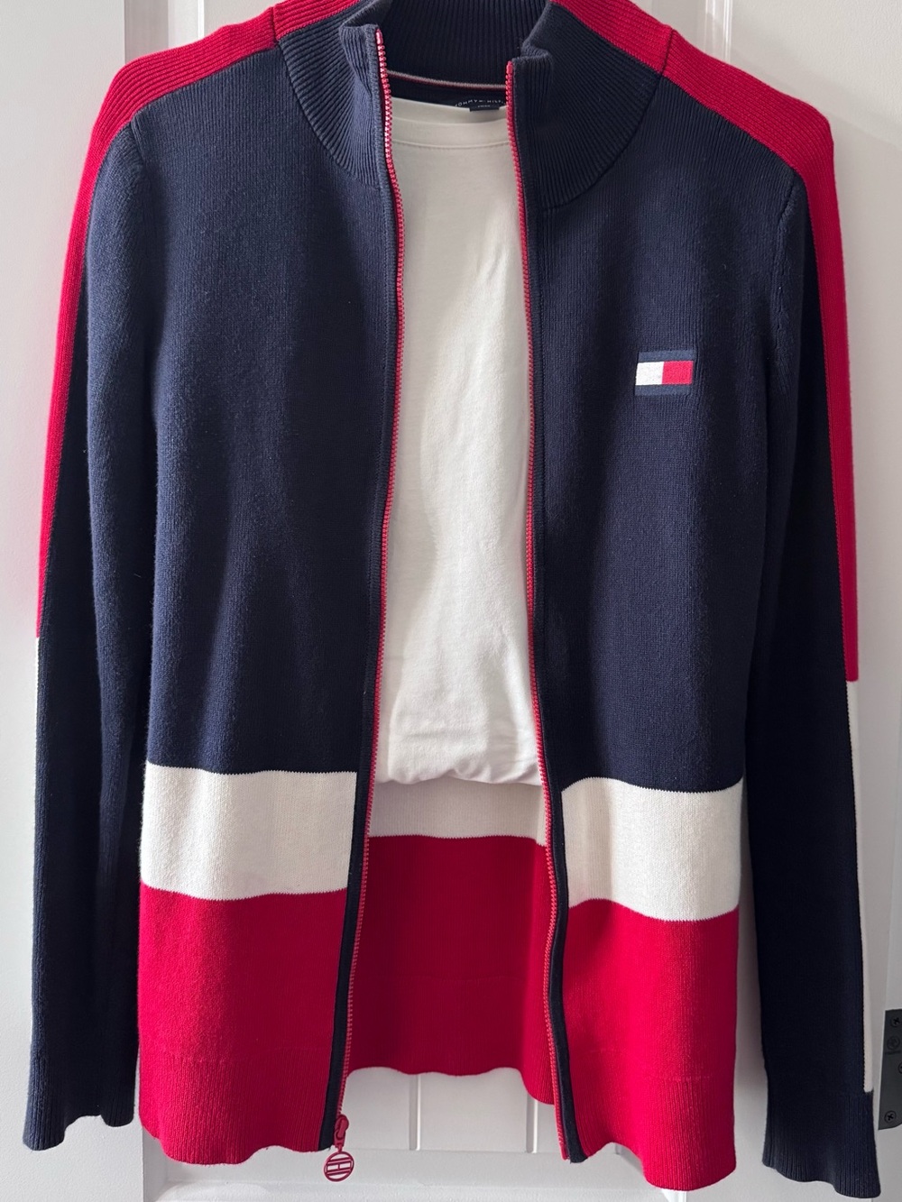 Tommy Hilfiger Navy Red White Knit Zip-Up Sweater